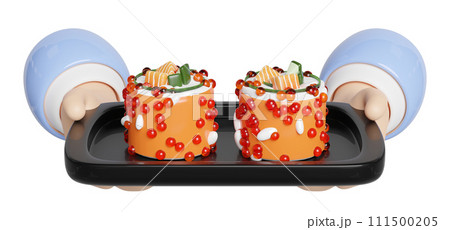 3d hand hold uramaki sushi on food tray, japanese food isolated concept, 3d render illustration 111500205