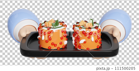 3d hand hold uramaki sushi on food tray, japanese food isolated concept, 3d render illustration 111500205