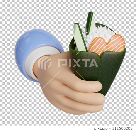 3d hand hold temaki sushi with rice, salmon, cucumber, seaweed, japanese food isolated concept, 3d render illustration 111500209