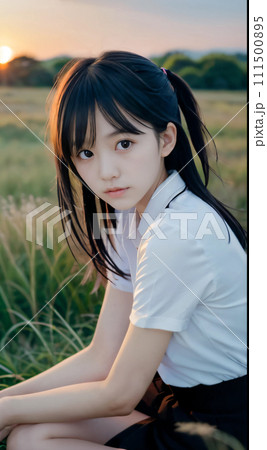 夕暮れの緑の大地で振り返る若い女性 111500895