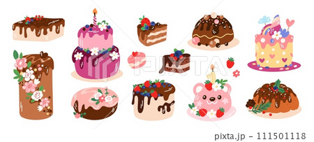 Birthday cakes. Cute tasty desserts. Cream decorations. Sponge layers. Chocolate topping. Celebration pastries. Holiday pies. Tasty cupcakes. Delicious confectionery. Garish vector set Birthday cakes. Cute tasty desserts. Cream decorations. Sponge layers. Chocolate topping. Celebration pastries. Holiday pies. Tasty cupcakes. Delicious confectionery. Garish vector set 111501118