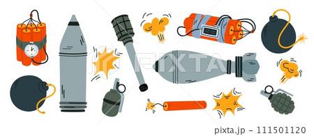 Cartoon bombs. Deadly weapons of mass destruction. Rockets and grenades. TNT detonator. Mines and dynamite timer. Military arsenal. Explosive detonation. Gunpowder burst. Garish vector set Cartoon bombs. Deadly weapons of mass destruction. Rockets and grenades. TNT detonator. Mines and dynamite timer. Military arsenal. Explosive detonation. Gunpowder burst. Garish vector set 111501120