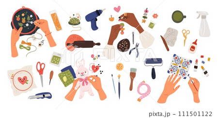 Cartoon handmade crafts elements. Tools for hobbies. Human hands creating embroidery. Collect jewelry. Sew toys and paint ceramics. Handmade accessories. Garish vector handicrafts set Cartoon handmade crafts elements. Tools for hobbies. Human hands creating embroidery. Collect jewelry. Sew toys and paint ceramics. Handmade accessories. Garish vector handicrafts set 111501122