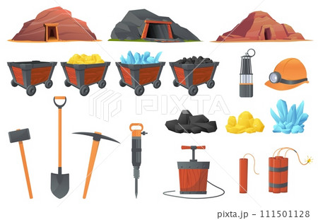 Cartoon mining tools and wooden carts. Natural resources. Explosives with detonator. Gold and coal in trolleys. Tunnel entrance. Underground mineral. Different miners stuff vector set 111501128