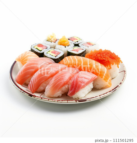 Japanese sushi. Tasty rolls and nigiri sushi served on plate 111501295