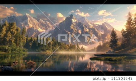 Morning light pierces through the mist, illuminating the towering mountains reflected in the still, clear waters of a serene lake. Generative AI 111501545