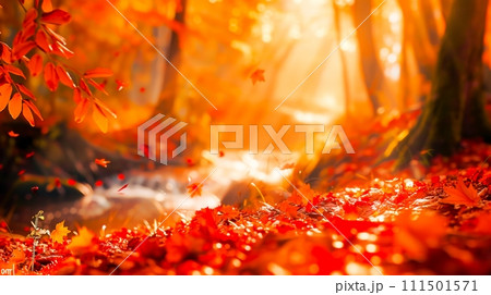 A captivating autumn tableau as sunlight pierces through vibrant leaves, casting a golden glow over a gentle creek. Generative AI 111501571