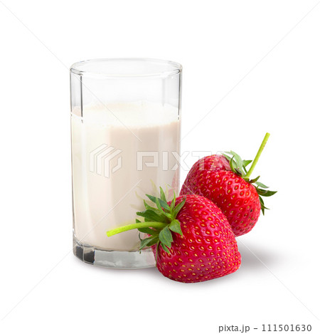 A glass of milk and vibrant strawberries on a white background A glass of milk and vibrant strawberries on a white background 111501630