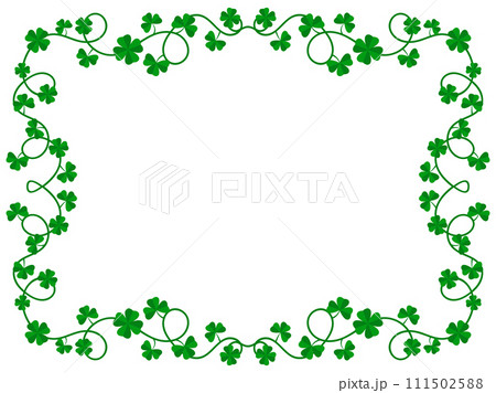 Clover leaf frame for St. Patrick's Day. Border with shamrocks with place for text. Irish holiday frame design for greeting cards, flyers and invitations. Vector illustration Clover leaf frame for St. Patrick's Day. Border with shamrocks with place for text. Irish holiday frame design for greeting cards, flyers and invitations. Vector illustration 111502588
