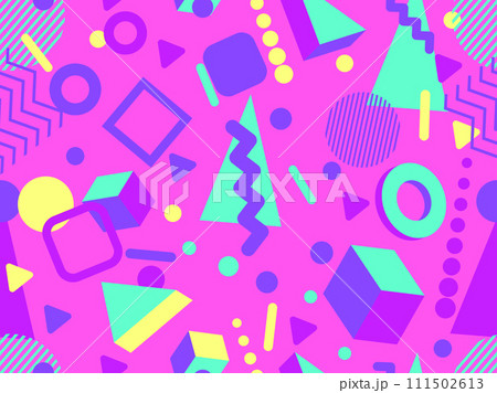 3D geometric seamless pattern in 80s style. 3d isometric triangles, zigzags and circles. Geometric memphis style. Design for promotional products, wrapping paper and printing. Vector illustration 111502613