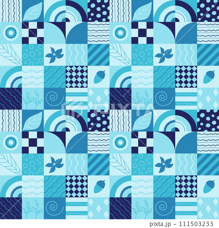 Seamless pattern with geometric forms and doodles leaf, acorn, flower of sky blue color. Vector illustration in flat style. 111503233