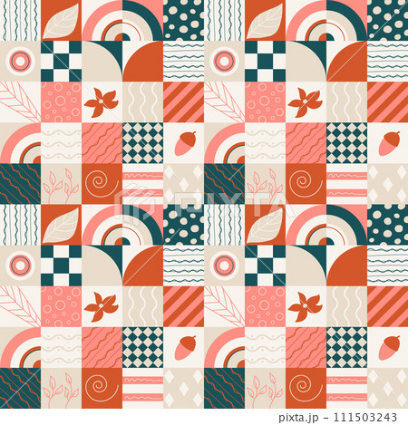 Seamless pattern with geometric forms and doodles leaf, acorn, flower of orange green color. Vector illustration in flat style. 111503243