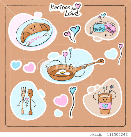 Cute characters stickers set of croissant, macaron, frying pan, coffee cup and more for Valentine's day. Best for postcard, stickers and more designs. Vector flat style illustration. 111503248