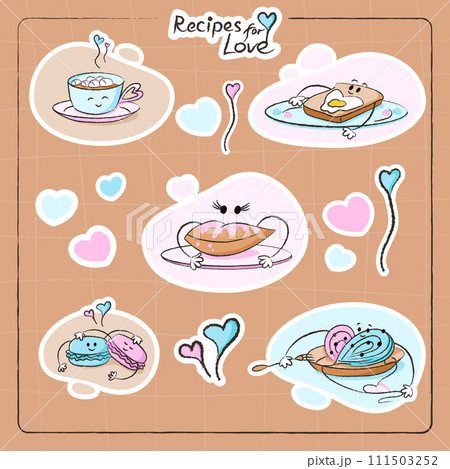 Cute characters stickers set of bread, macaron, donuts, spaghetti, coffee cup for Valentine's day. Best for postcard, stickers and more designs. Vector flat style illustration. Cute characters stickers set of bread, macaron, donuts, spaghetti, coffee cup for Valentine's day. Best for postcard, stickers and more designs. Vector flat style illustration. 111503252