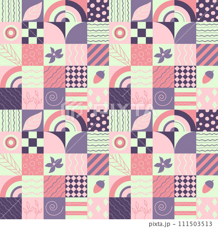 Seamless pattern with geometric forms and doodles leaf, acorn, flower of pink-violet color. Vector illustration in flat style. Seamless pattern with geometric forms and doodles leaf, acorn, flower of pink-violet color. Vector illustration in flat style. 111503513