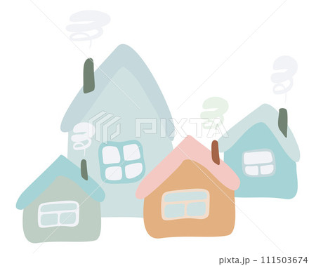 Set of Cute cartoon houses isolated on White. Vector Flat illustration. Little pastel colors homes with window and Smoke in Chimney. Design Art Element for Book, Card, Spring Poster, Logo, Insurance. 111503674