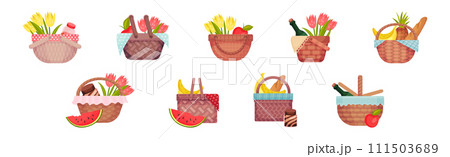 Picnic Hamper and Wicker Basket with Lunch Food Vector Set 111503689