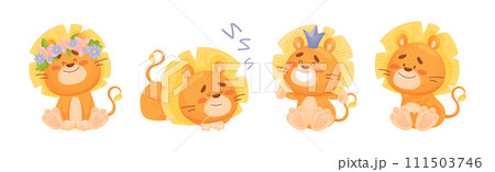 Lion Cub Character with Mane Engaged in Different Activity Vector Set 111503746