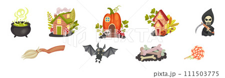 Halloween with Broom, Cauldron, Death, Broom, Bat, Bone, Candy and Pumpkin House Vector Set Halloween with Broom, Cauldron, Death, Broom, Bat, Bone, Candy and Pumpkin House Vector Set 111503775