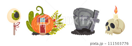 Halloween with Eye Candy, Pumpkin House, Tomb and Skull Vector Set 111503776