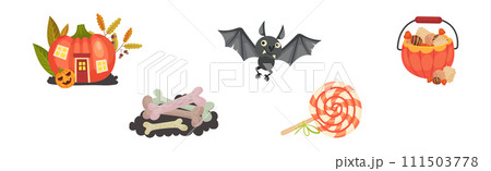 Halloween with Pumpkin, Bat, Candy and Bone Vector Set Halloween with Pumpkin, Bat, Candy and Bone Vector Set 111503778