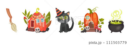 Halloween with Broom, Cauldron, Cat and Pumpkin House Vector Set 111503779