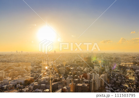 Stunning sunrise over nature and urban skyline with no people Nov 28 2023 111503795