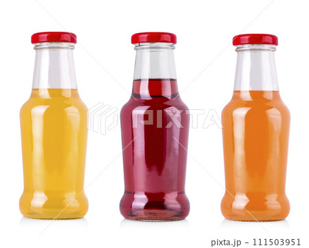 Set of colored juice bottles isolated on white background with clipping path. Healthy lifestyle Set of colored juice bottles isolated on white background with clipping path. Healthy lifestyle 111503951