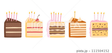 Set of Piece of Cake with Candles Isolated on White Background. Hand drawn birthday cake. Vector illustration. 111504152