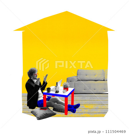 Young guy, freelancer sitting on floor on pillow at home and having online video call with team, colleagues. Contemporary art collage. 111504469