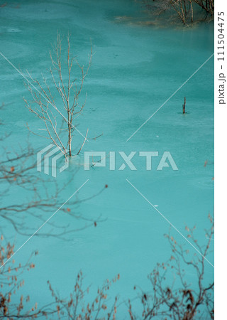 Turquoise waste waters from a copper mine polluting  the environment. Geamana decantation lake, Romania 111504475