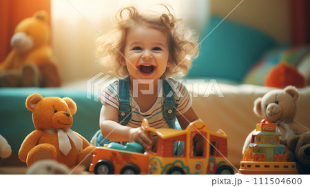 Happy kid playing toys in bedroom. 111504600