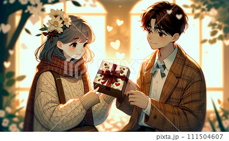 女の子が男の子にバレンタインチョコを渡す瞬間 女の子が男の子にバレンタインチョコを渡す瞬間 111504607