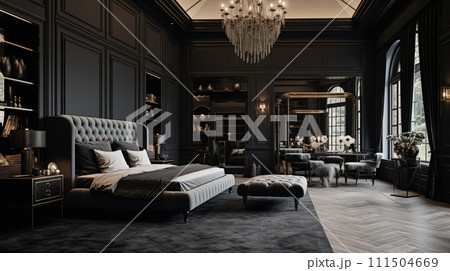 Luxury master bedroom. Black tone. Generative AI 111504669