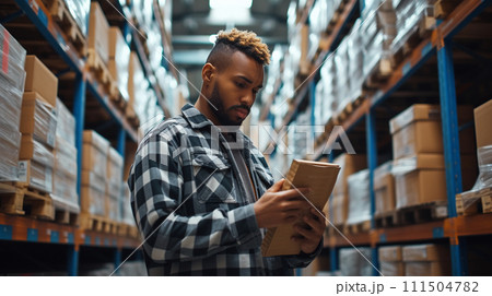salesman in a hardware warehouse standing checking scan box. 111504782
