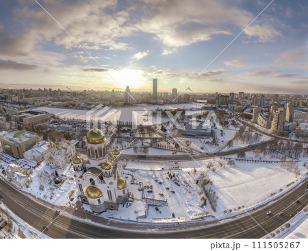 Winter Yekaterinburg and Temple on Blood in beautiful blue clear sunset. Aerial view of Yekaterinburg, Russia. Translation of the text on the temple Winter Yekaterinburg and Temple on Blood in beautiful blue clear sunset. Aerial view of Yekaterinburg, Russia. Translation of the text on the temple 111505267