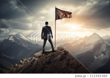 Businessman with flag on mountain top over sky and sunset background. By genrative Ai Businessman with flag on mountain top over sky and sunset background. By genrative Ai 111505360
