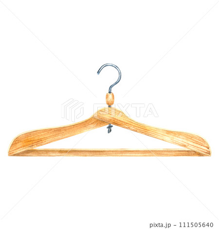 Wooden clothes hanger. Wood accessory for hanging top garment, storing apparel in wardrobe. Storage rack of triangle shape. Hand drawn watercolor illustration isolated on white background. For design. 111505640