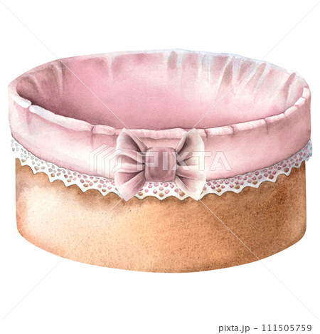 Round cardboard storage box with dusty pink fabric lining with lace and bow. Hand drawn watercolor illustration of a container, isolated on white background. Design for postcards, wrapping paper. 111505759
