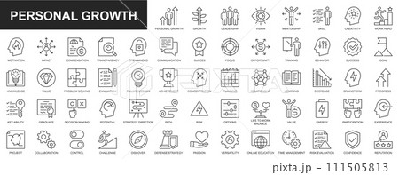 Personal growth web icons set in thin line design. Pack of leadership, vision, mentorship, skill, creativity, motivation, impact, compensation, communication, other. Outline stroke pictograms Personal growth web icons set in thin line design. Pack of leadership, vision, mentorship, skill, creativity, motivation, impact, compensation, communication, other. Outline stroke pictograms 111505813