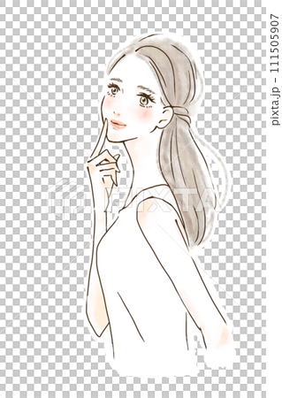 Illustration of a woman thinking with a smile, unsure about choosing Illustration of a woman thinking with a smile, unsure about choosing 111505907