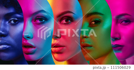 Creative collage made of close-up portrait of beautiful youth women of different age and nationality over multicolored neon lights. Women's day Creative collage made of close-up portrait of beautiful youth women of different age and nationality over multicolored neon lights. Women's day 111506029
