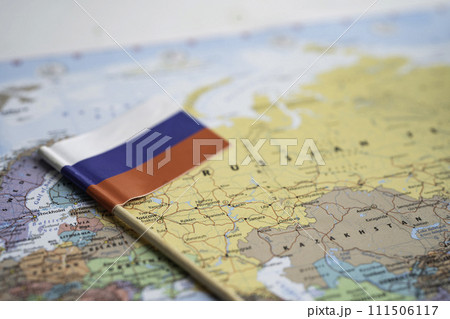 Bangkok, Thailand December 7, 2023, Russia flag on world map background. Bangkok, Thailand December 7, 2023, Russia flag on world map background. 111506117
