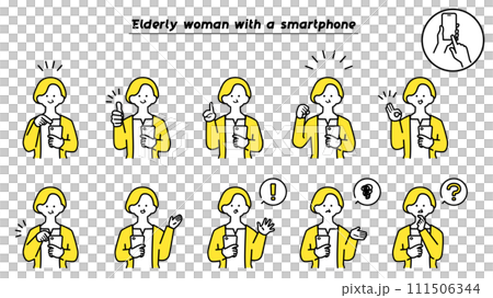 Elderly woman with smartphone facial expression variations 111506344