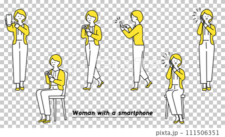 Woman operating a smartphone pose variations 111506351