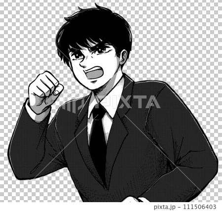 Retro graphic manga style illustration - Office worker clenching his fist Retro graphic manga style illustration - Office worker clenching his fist 111506403
