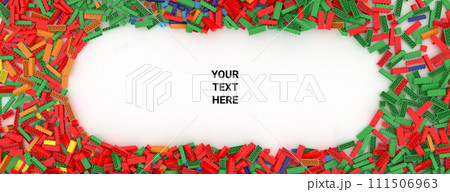 Rainbow colored toy bricks with place for your content on white background. Text space. Copy space. 3D illustration. 3D rendering 111506963