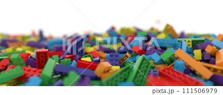 Colored toy bricks background. Rainbow colors. Random coloured plastic construction blocks. 3d illustration 111506979