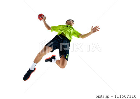 Bottom view image of young guy, handball athlete in motion during game, playing, practicing against white studio background 111507310