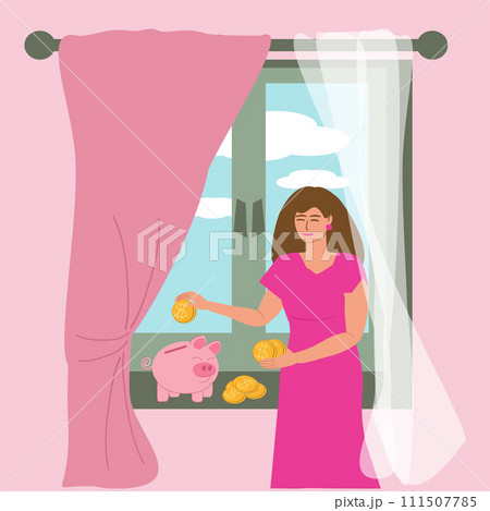 A young woman puts coins in a piggy bank standing on the windowsill. Home accounting, savings, family capital, money multiplication, vector color illustration A young woman puts coins in a piggy bank standing on the windowsill. Home accounting, savings, family capital, money multiplication, vector color illustration 111507785